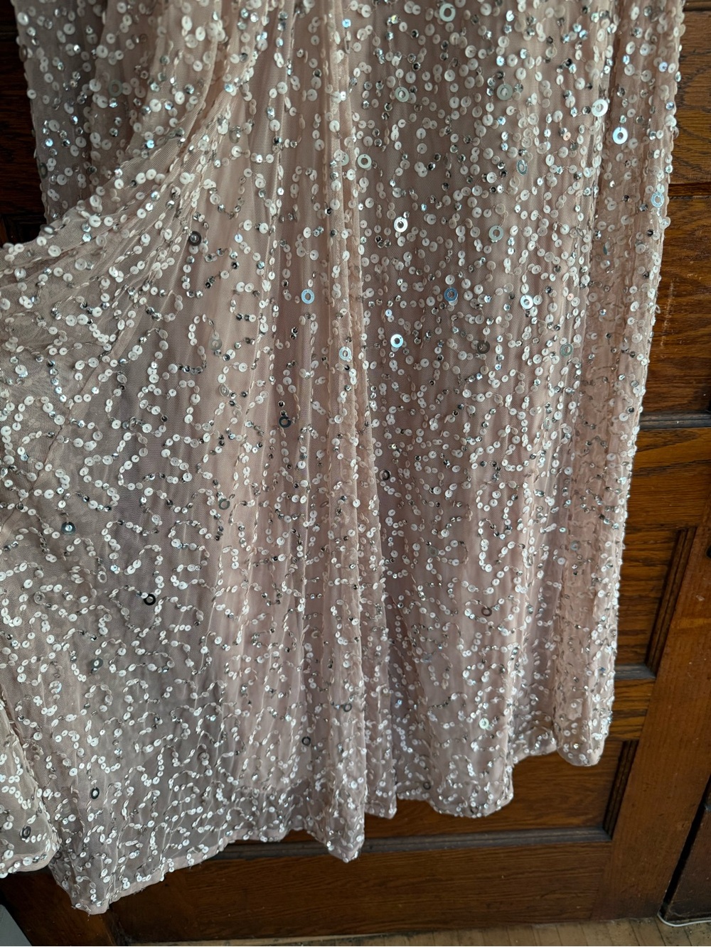 ADRIANNA PAPELL Scoop Back Sequin Maxi Gown Short Sleeve Full Length Blush Nude - Picture 6 of 9